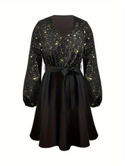  Galaxy Print V Neck Swing Belted Dress