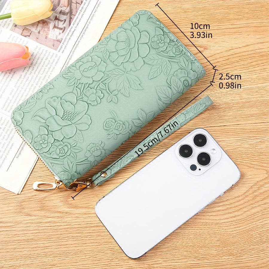 Floral Embossed Long Wallet Zipper Closure Clutch Purse