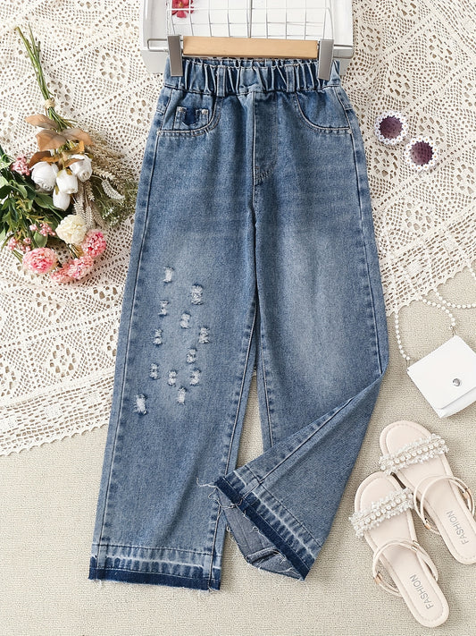 Girls' High Waist Ripped Jeans Straight Leg Denim Pants