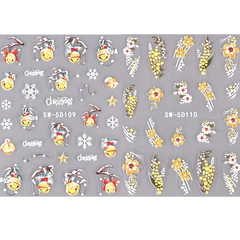 5D Embossed Christmas Nail Art Stickers Snowflake Gloves Feather Bulb Bells