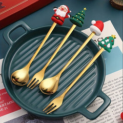 4pcs Christmas Spoon And Fork Set Santa Spoon Dessert Spoon And Fork