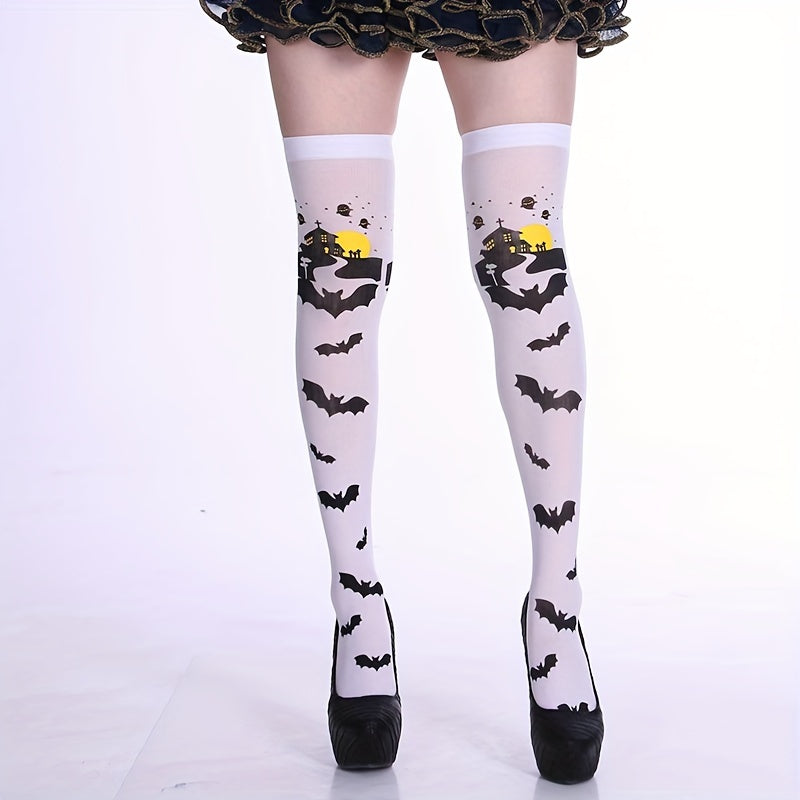 Skull Print Striped Thigh High Socks Halloween Over The Knee Stockings