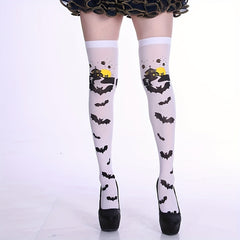 Skull Print Striped Thigh High Socks Halloween Over The Knee Stockings