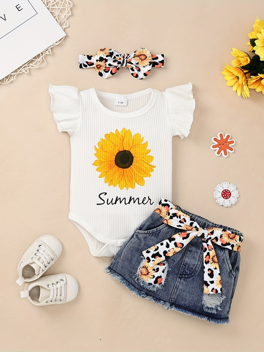 Baby Girl Clothes Newborn Romper Short Jeans Leopard Outfits 3Pcs