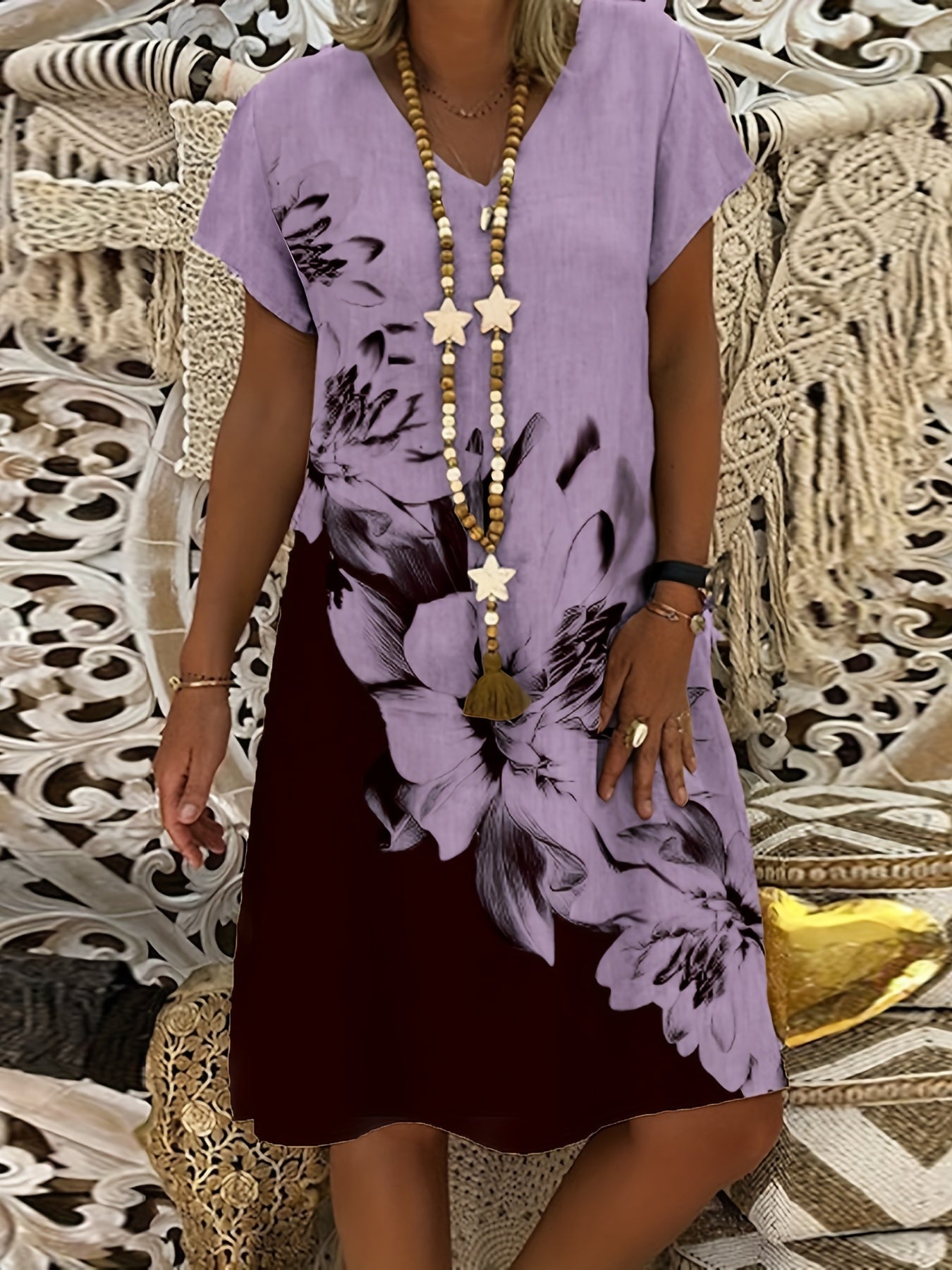  Colorblock Floral Print Short Sleeve V Neck Dress