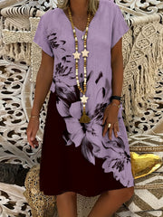  Colorblock Floral Print Short Sleeve V Neck Dress