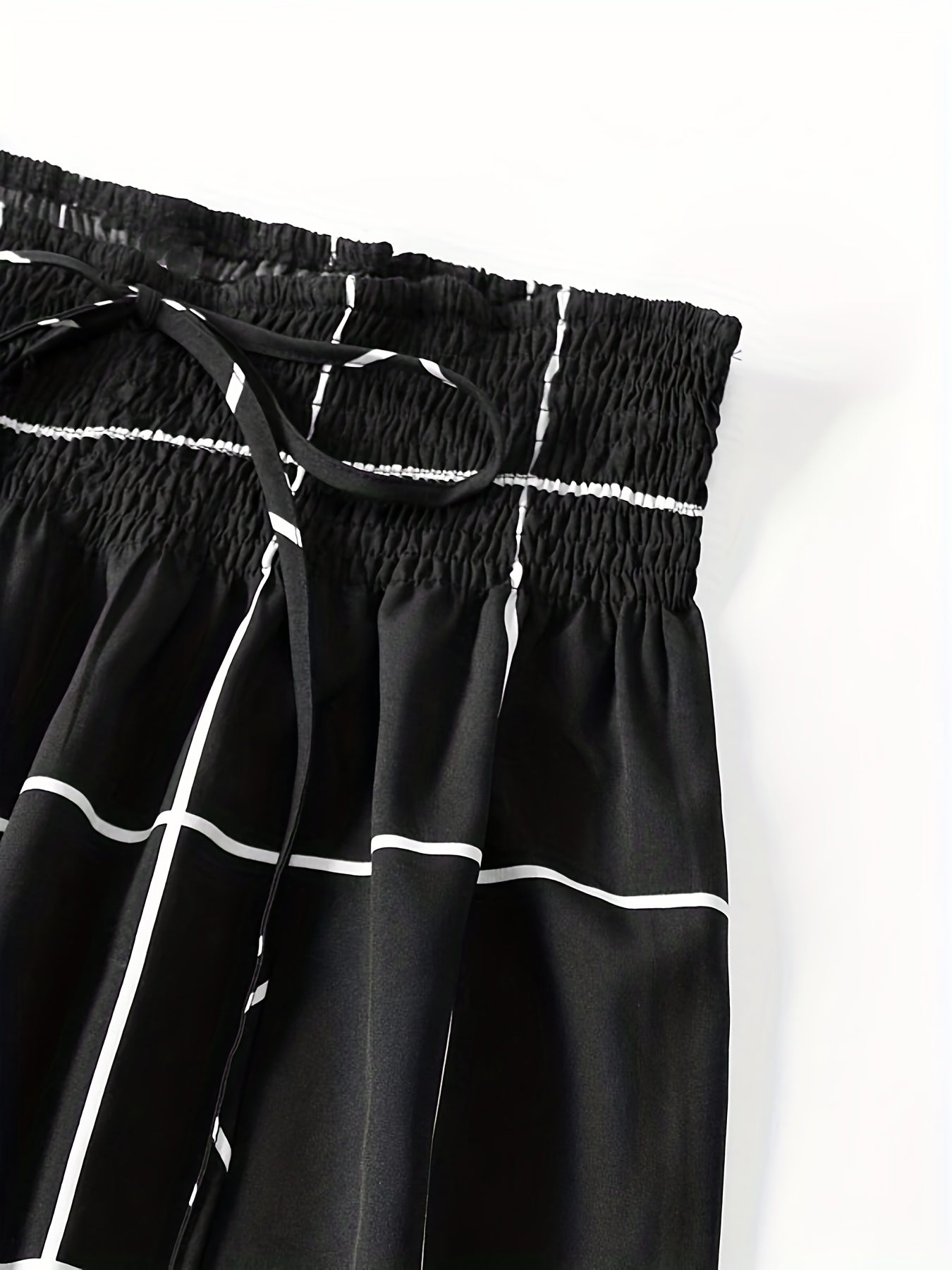  Grid Print Drawstring Wide Leg Trousers