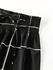  Grid Print Drawstring Wide Leg Trousers