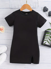 Girl's Crew Neck Short Sleeve Side Slit Casual Dress
