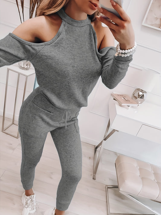 Cold Shoulder Long Sleeve Top & Drawstring Pants Set