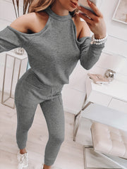 Cold Shoulder Long Sleeve Top & Drawstring Pants Set