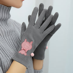 Women's Winter Velvet Gloves Cat Embroidery