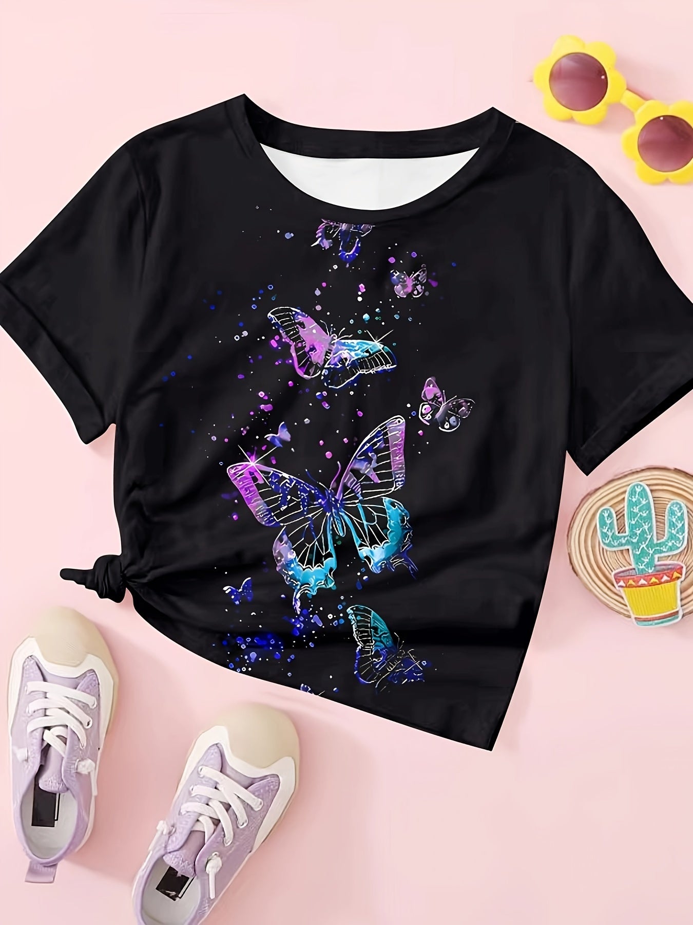 Tie Dye Butterfly Print Short Sleeve T-shirt for Girls