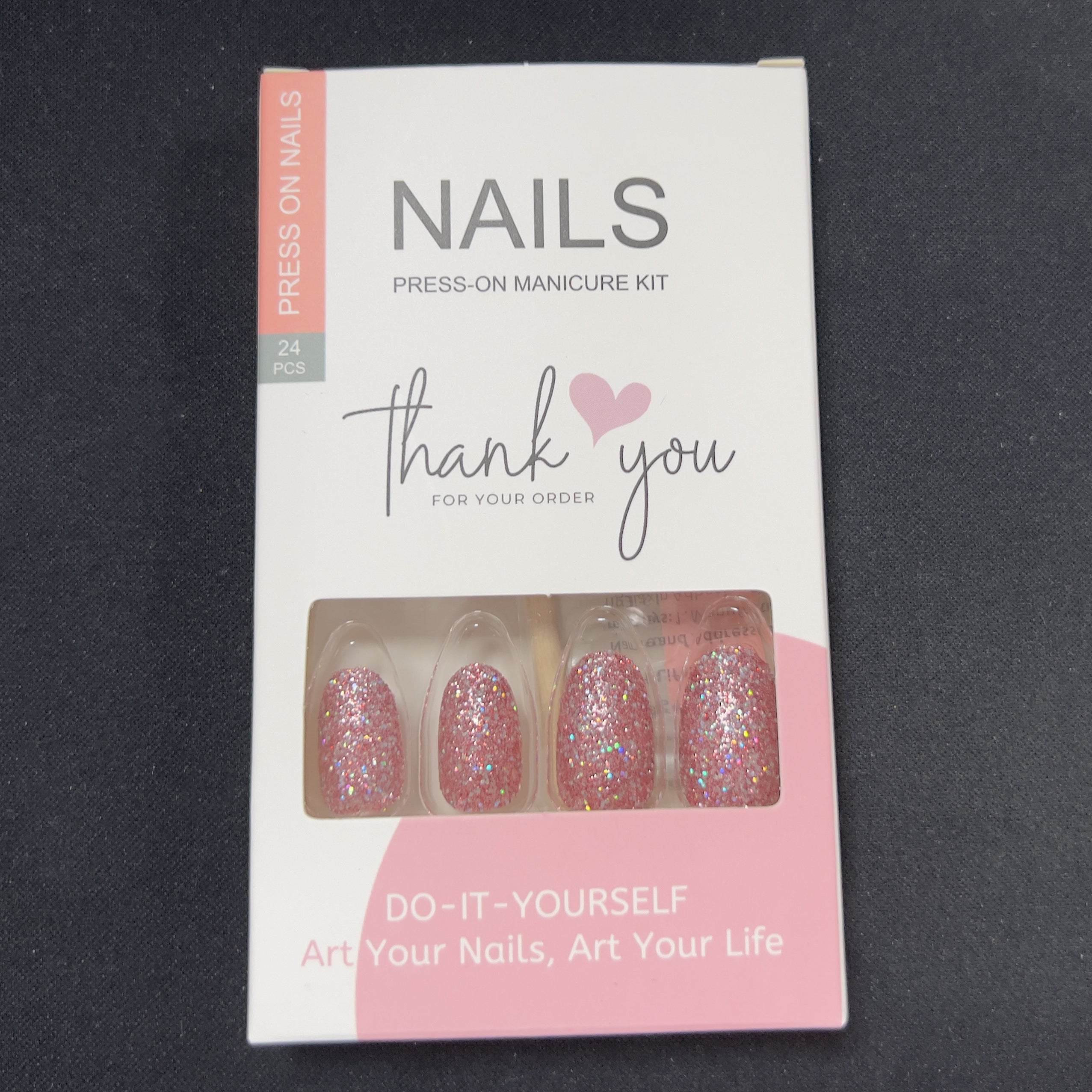 24pcs Pink Glitter Press On Nails Short Oval Full Cover Reusable False Nails