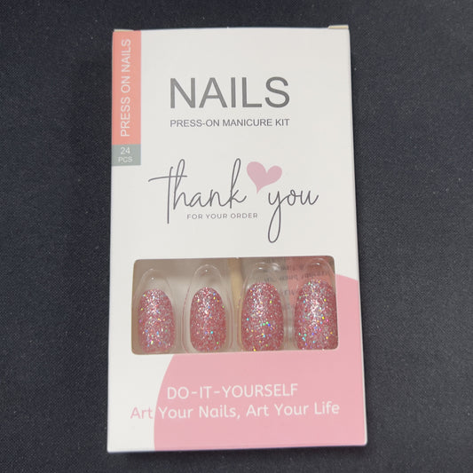 24pcs Pink Glitter Press On Nails Short Oval Full Cover Reusable False Nails