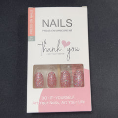 24pcs Pink Glitter Press On Nails Short Oval Full Cover Reusable False Nails
