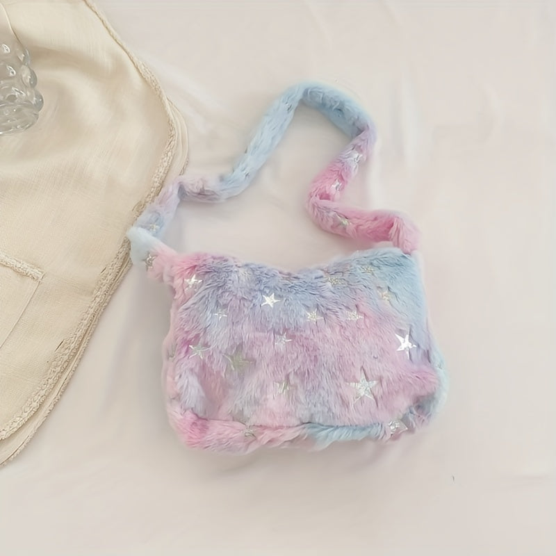 Star Pattern Shoulder Bag Plush Multicolor Square Bag Zipper Closure
