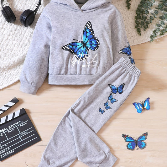 Butterfly Graphic Hoodie and Jogger Pants Sports Suit for Girls
