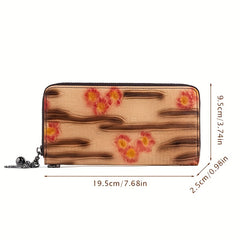 Vintage Embossed Leather Women's Wallet Zipper Closure Floral Tassel Charm