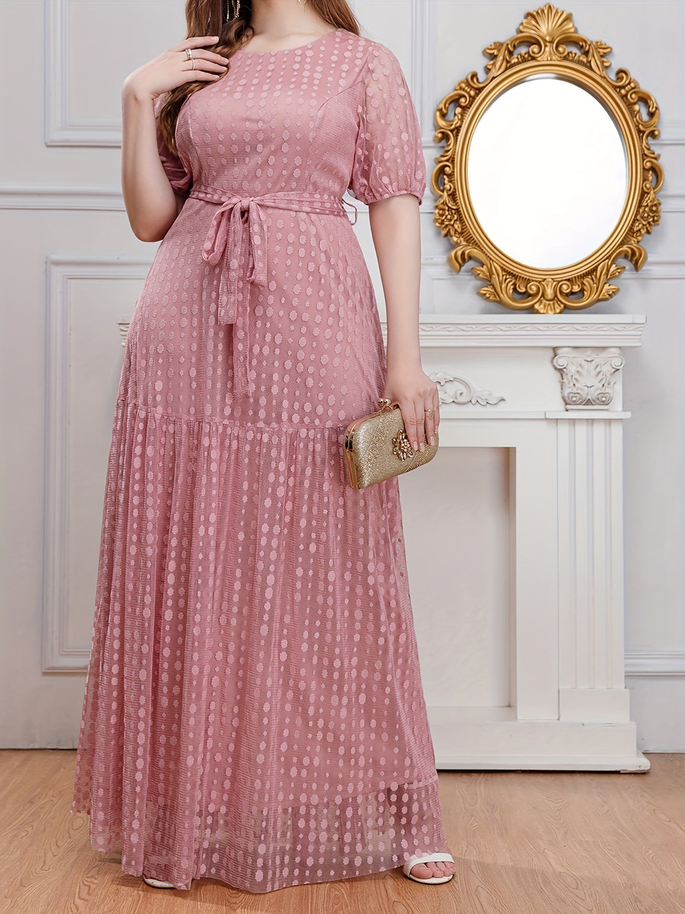 Polka Dot Mesh Puff Sleeve Maxi Formal Evening Dress With Belt