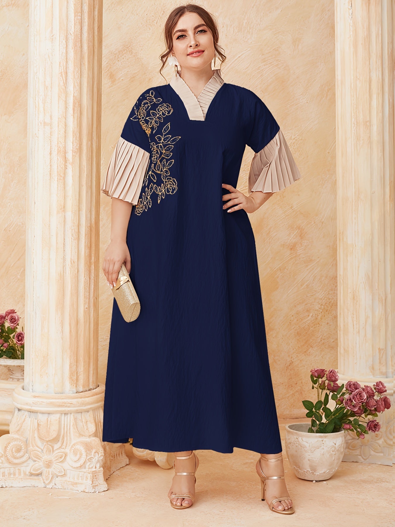 Floral Embroidered Sleeve V Neck Maxi Dress
