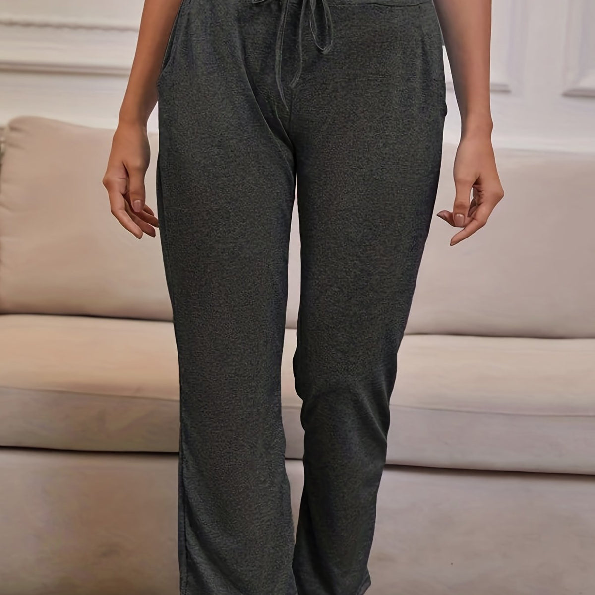  Casual Pants Women's Plus Solid Elastic Drawstring High Rise Trousers