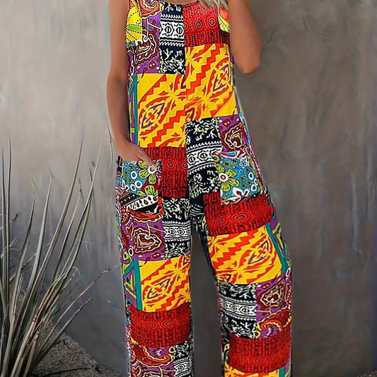 Boho Patchwork Print Overall Jumpsuit for Spring & Summer