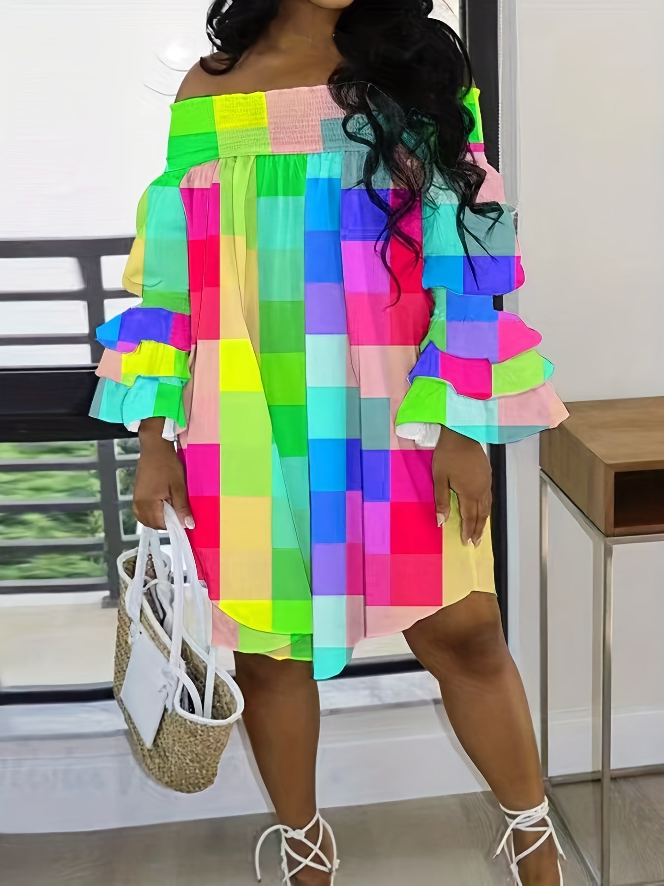  Colorblock Grid Print Shirred Off Shoulder Dress