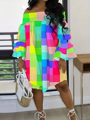  Colorblock Grid Print Shirred Off Shoulder Dress