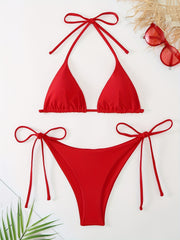 Women's Solid Halter Neck Side Knot Bikini Set Triangle Bottoms