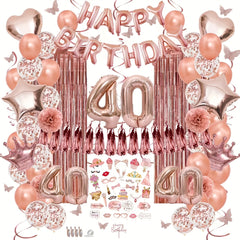 40th Rose Golden Happy Birthday Theme Set Props Balloon Rain Curtain Pull Flag