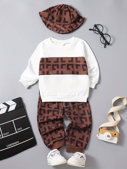 Boy Boys Hooded Suit Block Long Sleeves And Pants Set With Hat