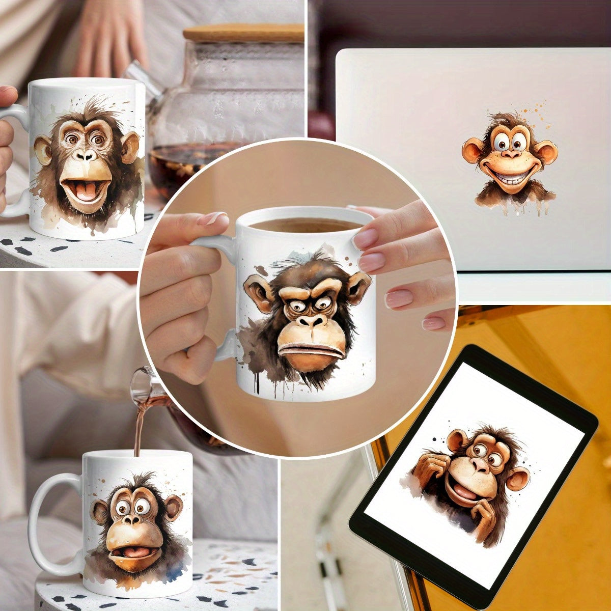 12pcs UV DTF Fun Monkey Stickers Set Waterproof & Scratch Resistant