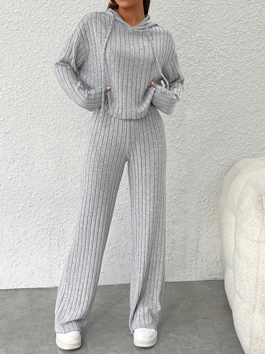 Solid Knit 2pc Set Hoodie & Wide Leg Pants