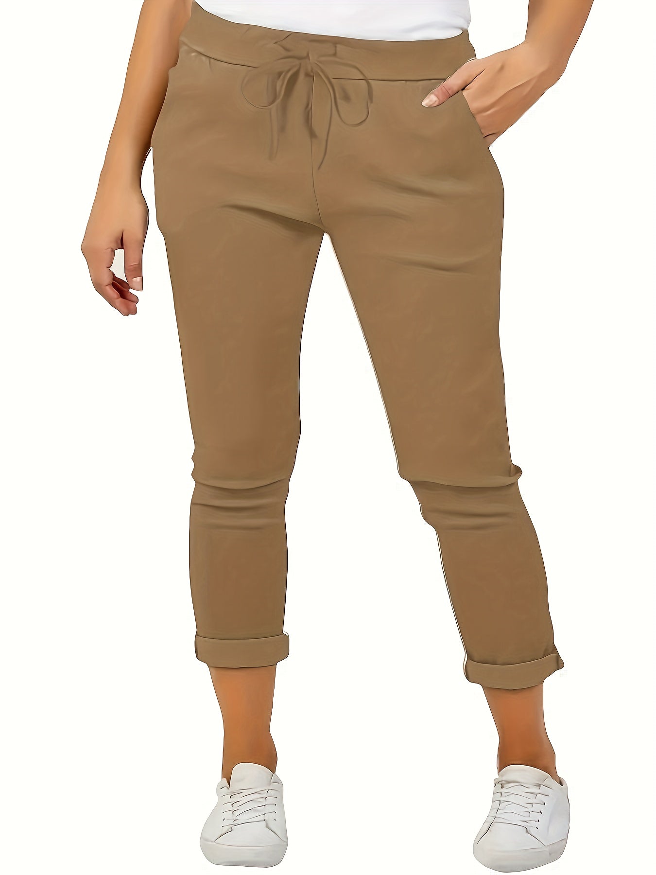  Solid Drawstring Tapered Leg Trousers