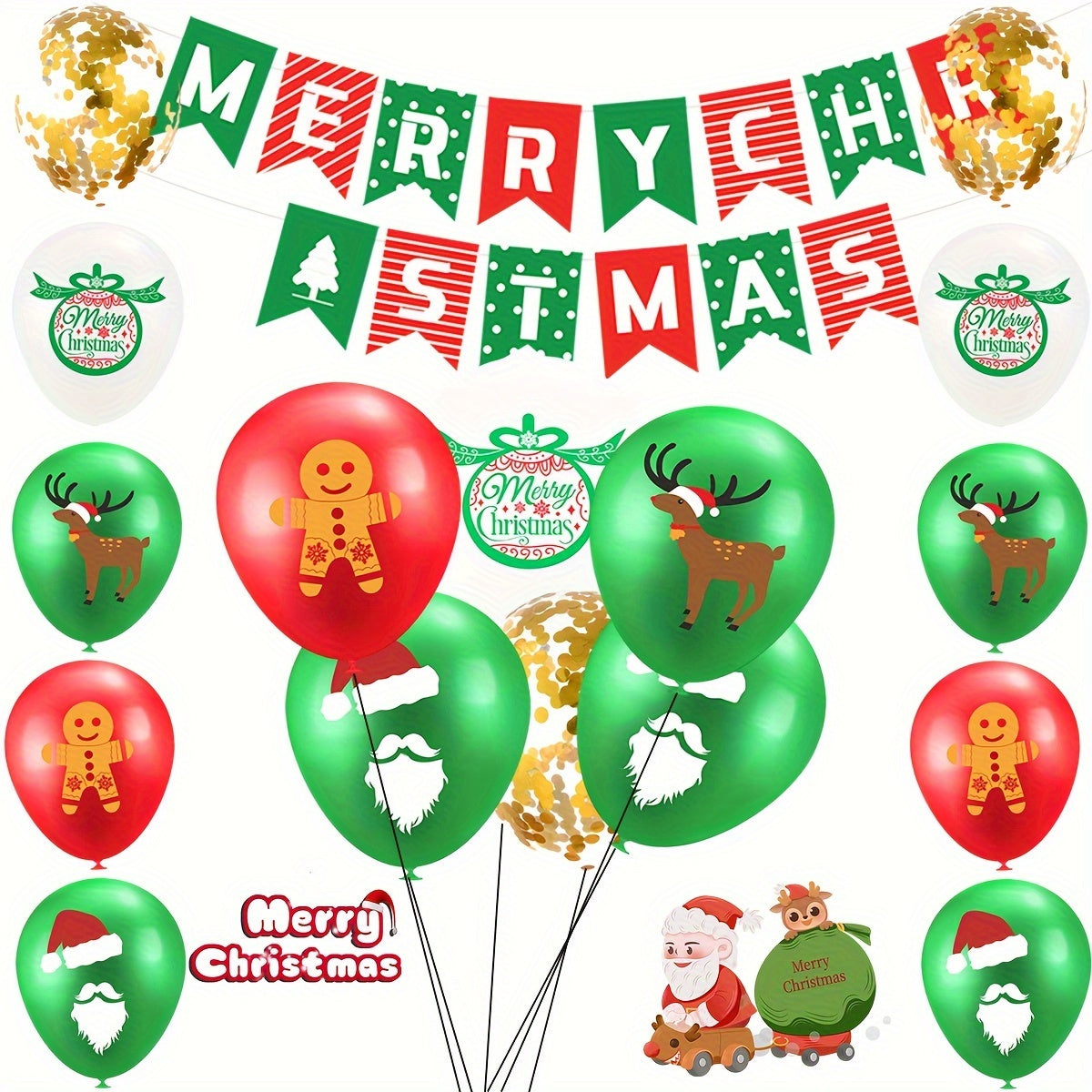 14pcs Christmas Latex Balloons Set Red Green Confetti Ribbons Party Dec