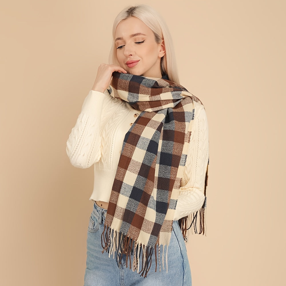 Women's Plaid Scarf Warm Shawl Long Tassel Scarf