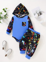 Baby Boy's Graffiti Print Triangle Hoodie Romper & Pants
