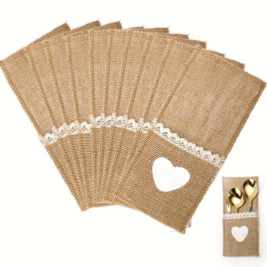 10pcs Burlap Lace Utensil Holders for Vintage Wedding