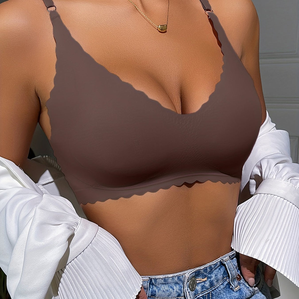 Scallop Trim Wireless Bra Soft Seamless Everyday Lingerie