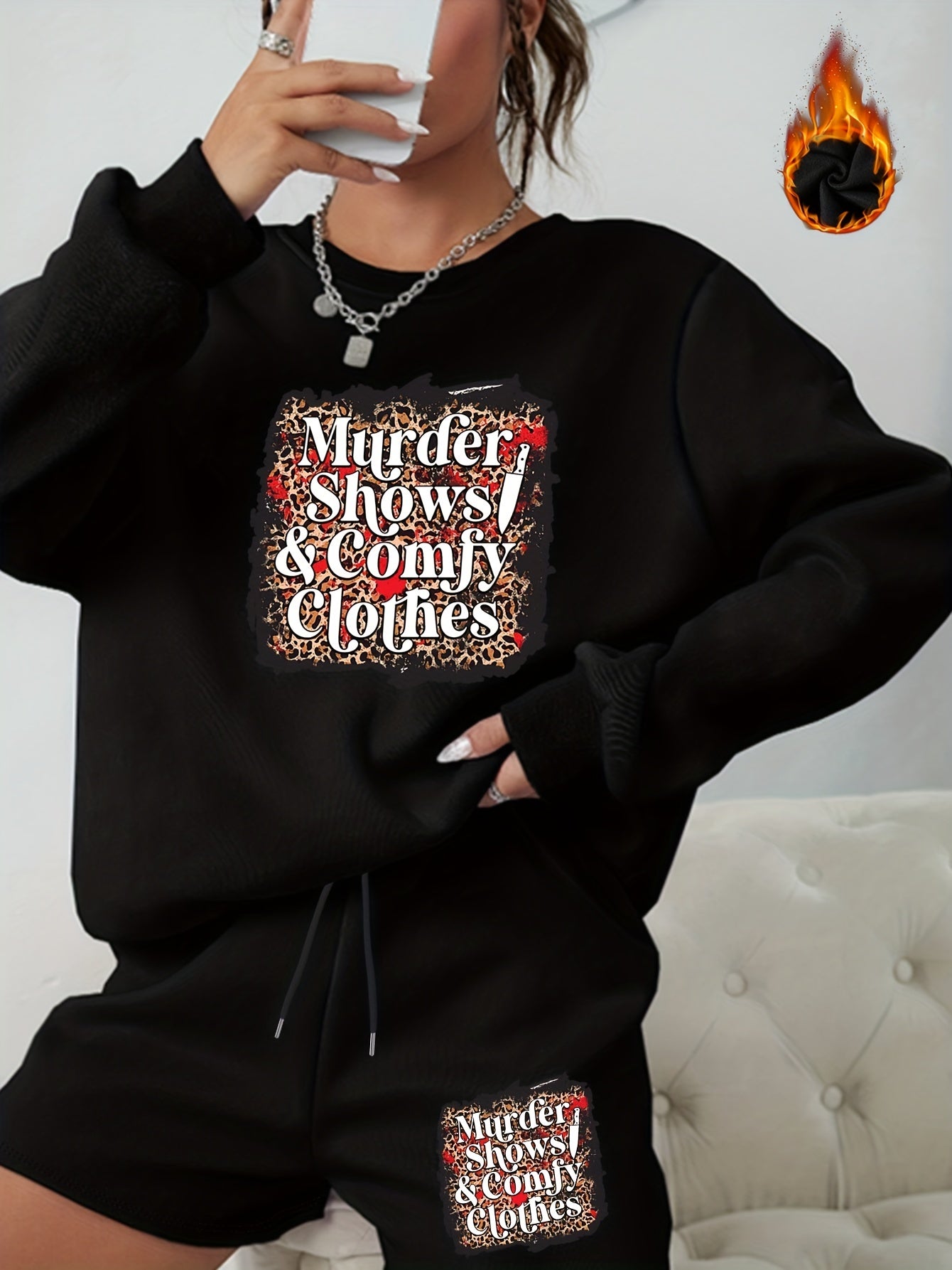  Halloween 2pcs Set Women's Plus Letter Print Sweatshirt & Shorts