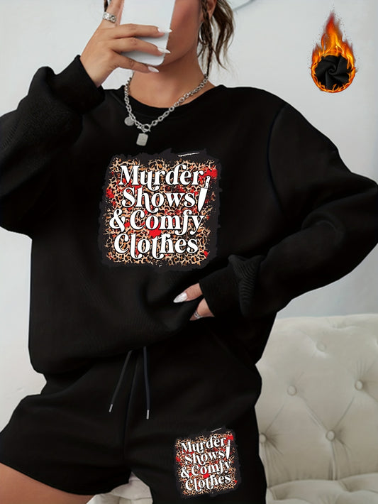  Halloween 2pcs Set Women's Plus Letter Print Sweatshirt & Shorts