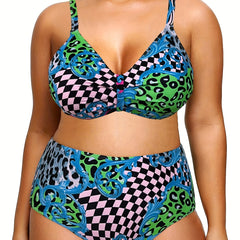  Leopard & Checkered Print V Neck Bikini Set