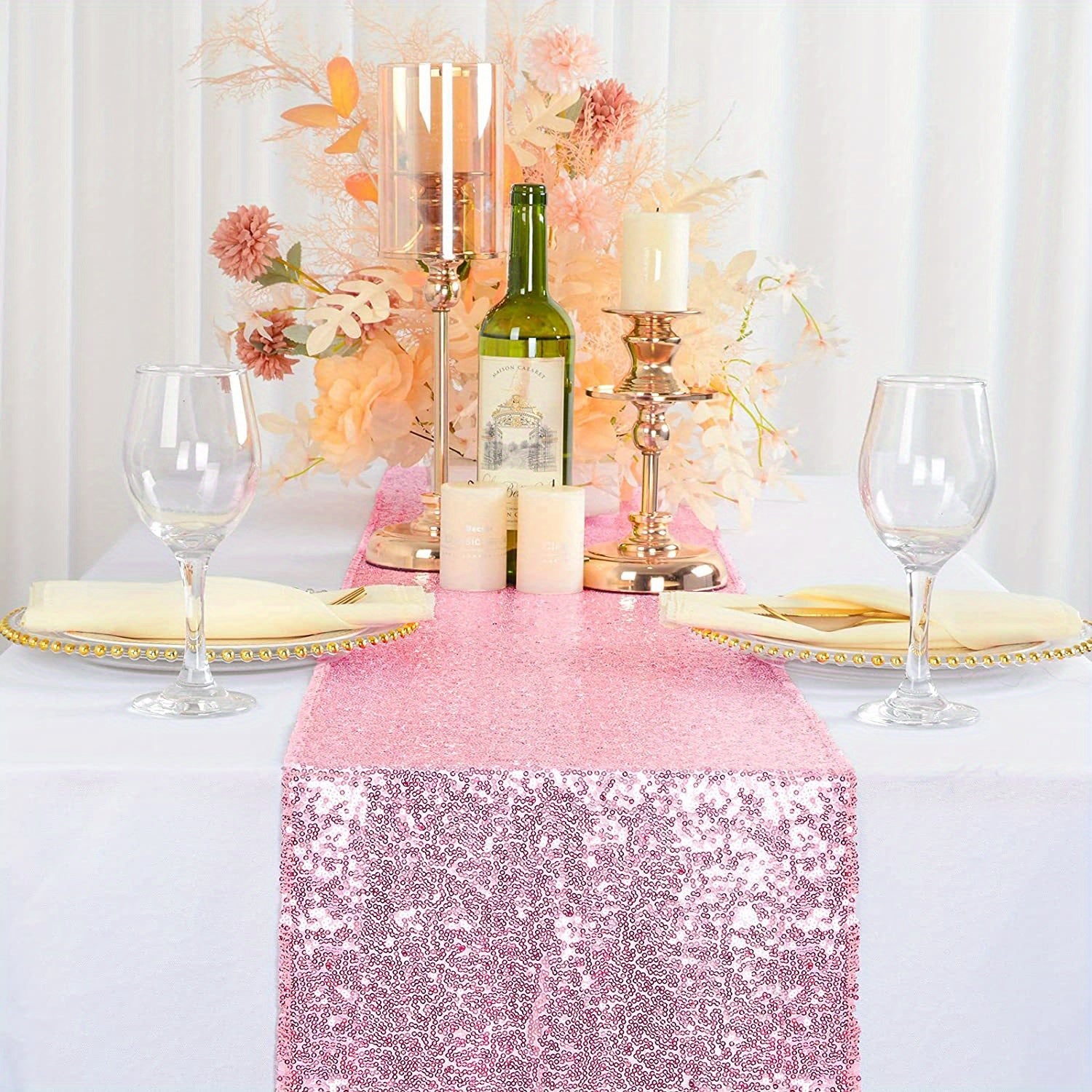 Pink Golden Sequin Table Runner 30x182cm Glitter Table Cloth for Wedding