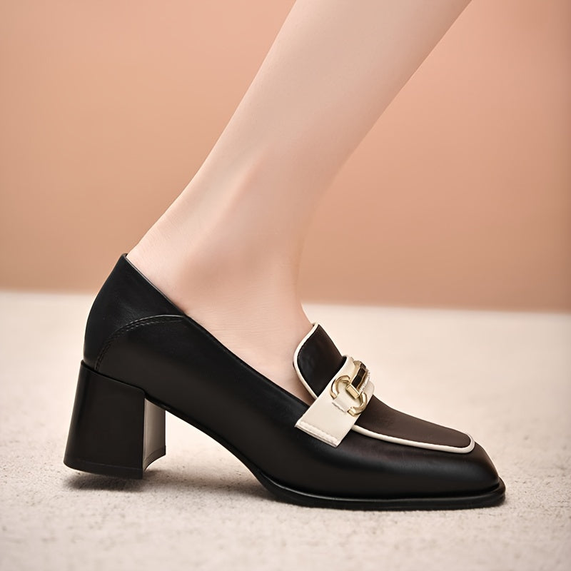 Women's Chunky Heel Chain Decor Loafers Non Slip Slip On Shoes