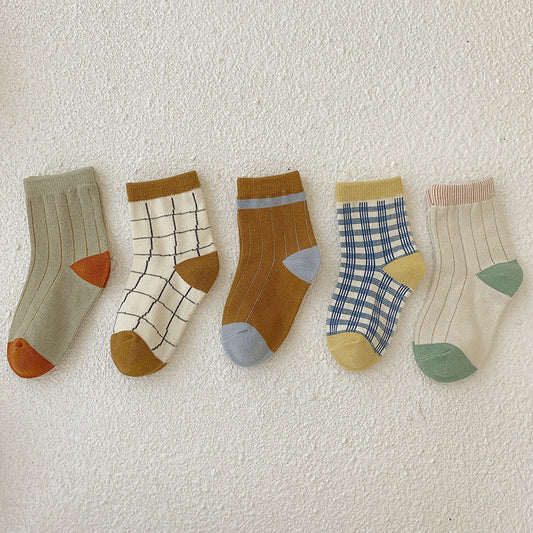 5pairs Unisex Cotton Plaid Mid Tube Socks