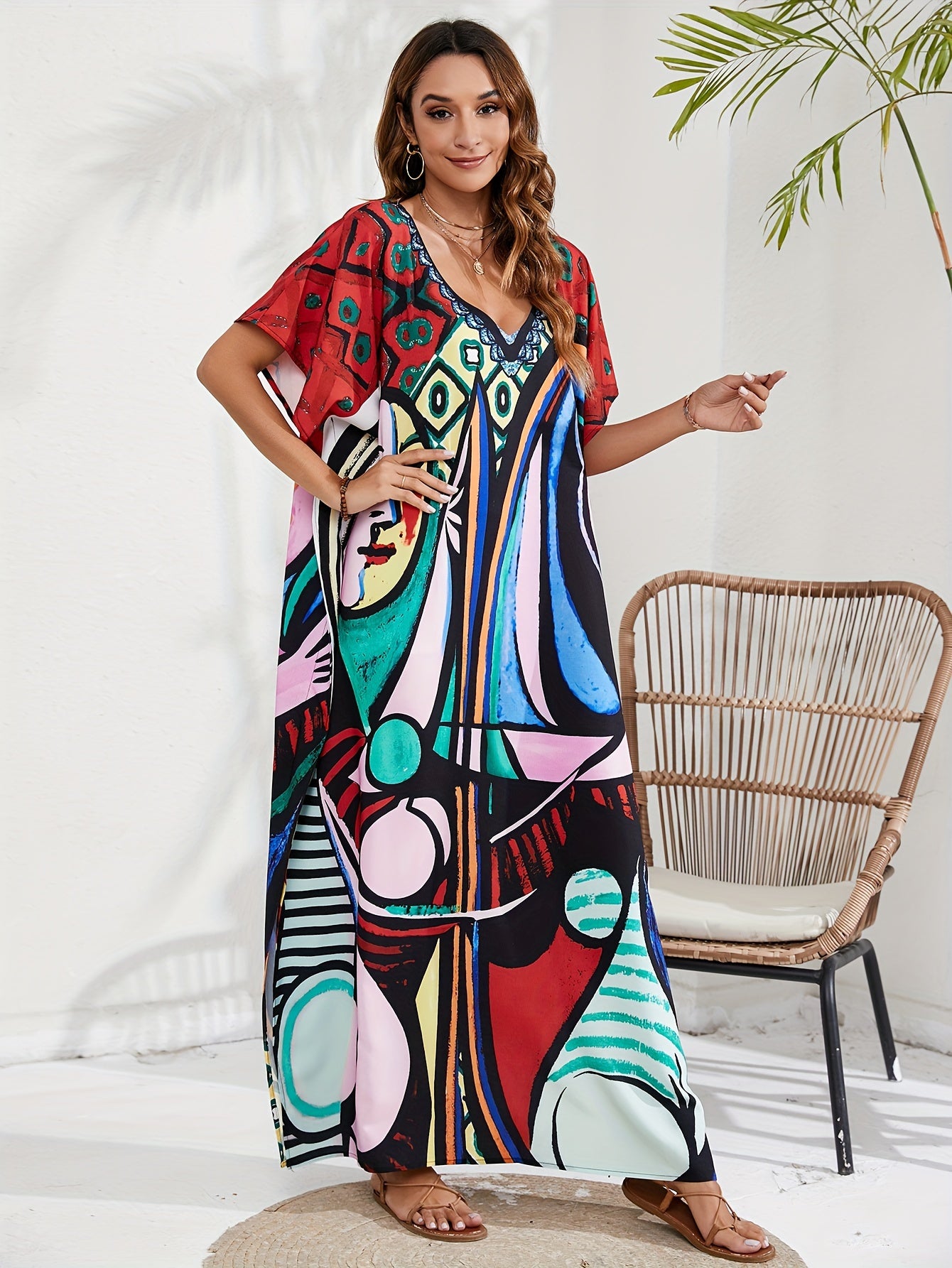  Abstract Face Print Kaftan Maxi Cover Up