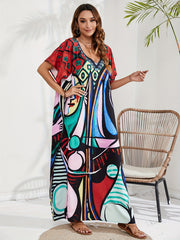  Abstract Face Print Kaftan Maxi Cover Up