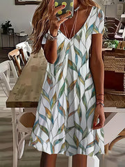 Leaves Print V Neck Dress Vacation Short Sleeve Random Printing Dress