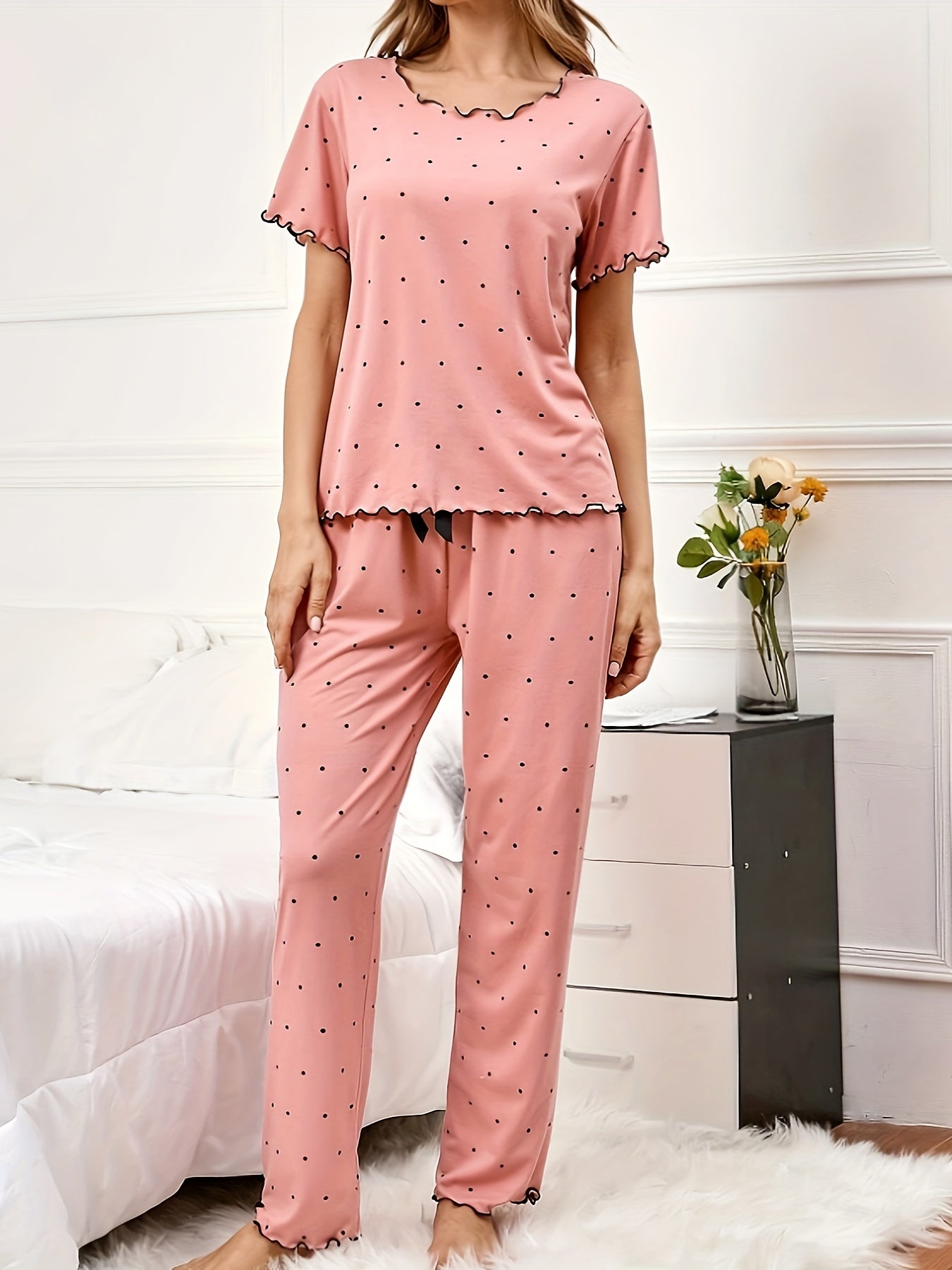 Polka Dot Print Pajama Set Short Sleeve Top & Elastic Waistband Pants